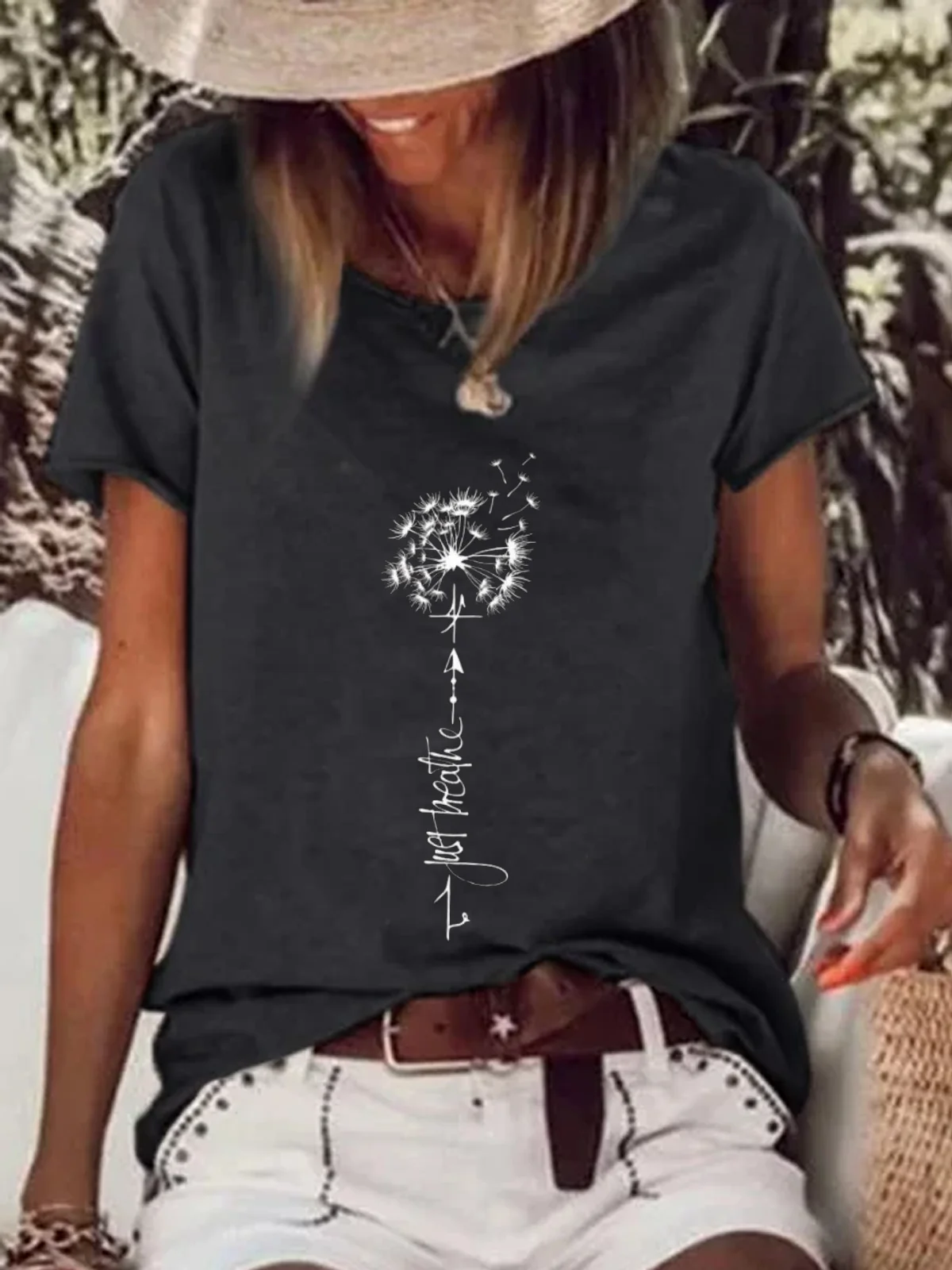 Women's Casual Dandelion Printed Short Sleeve Round Neck Top T-shirt
