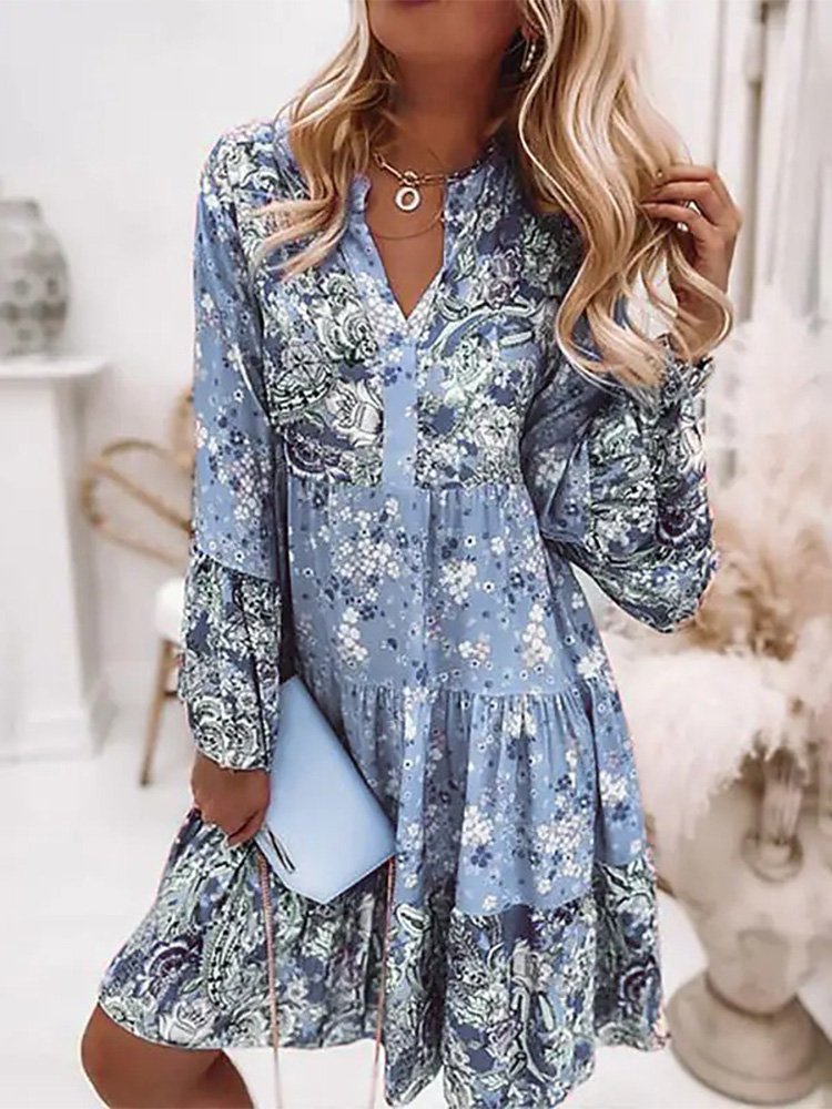 Women's V Neck Loose Casual Long sleeve Woven Dress