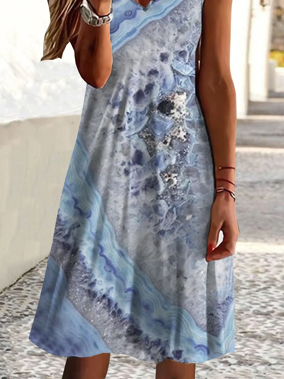 Women's  Holiday Weekend Top Summer Vacation Abstract Sea Printed Loose V Neck Midi Dress