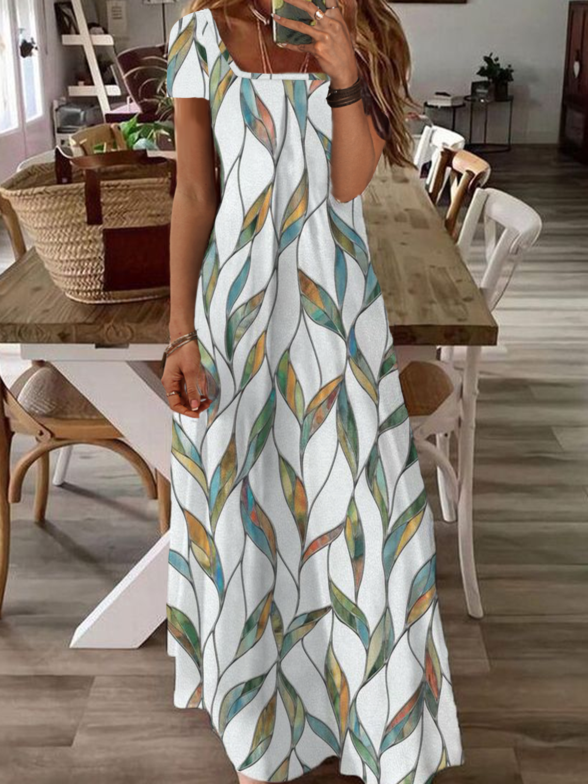Women Printed Casual Square Neck Short Sleeve Maxi Dress