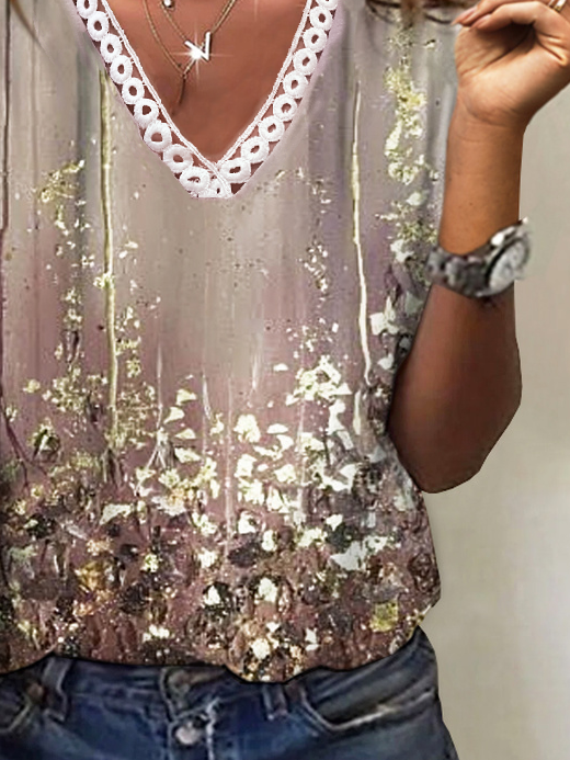 V Neck Floral Printed Jersey T-Shirt