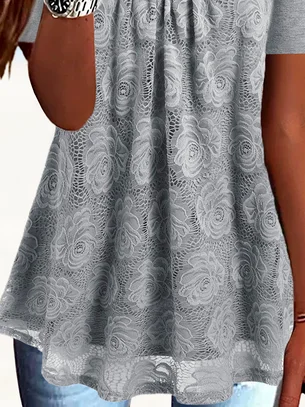 Lace Casual Square Neck Short Sleeve Tunic Blouse
