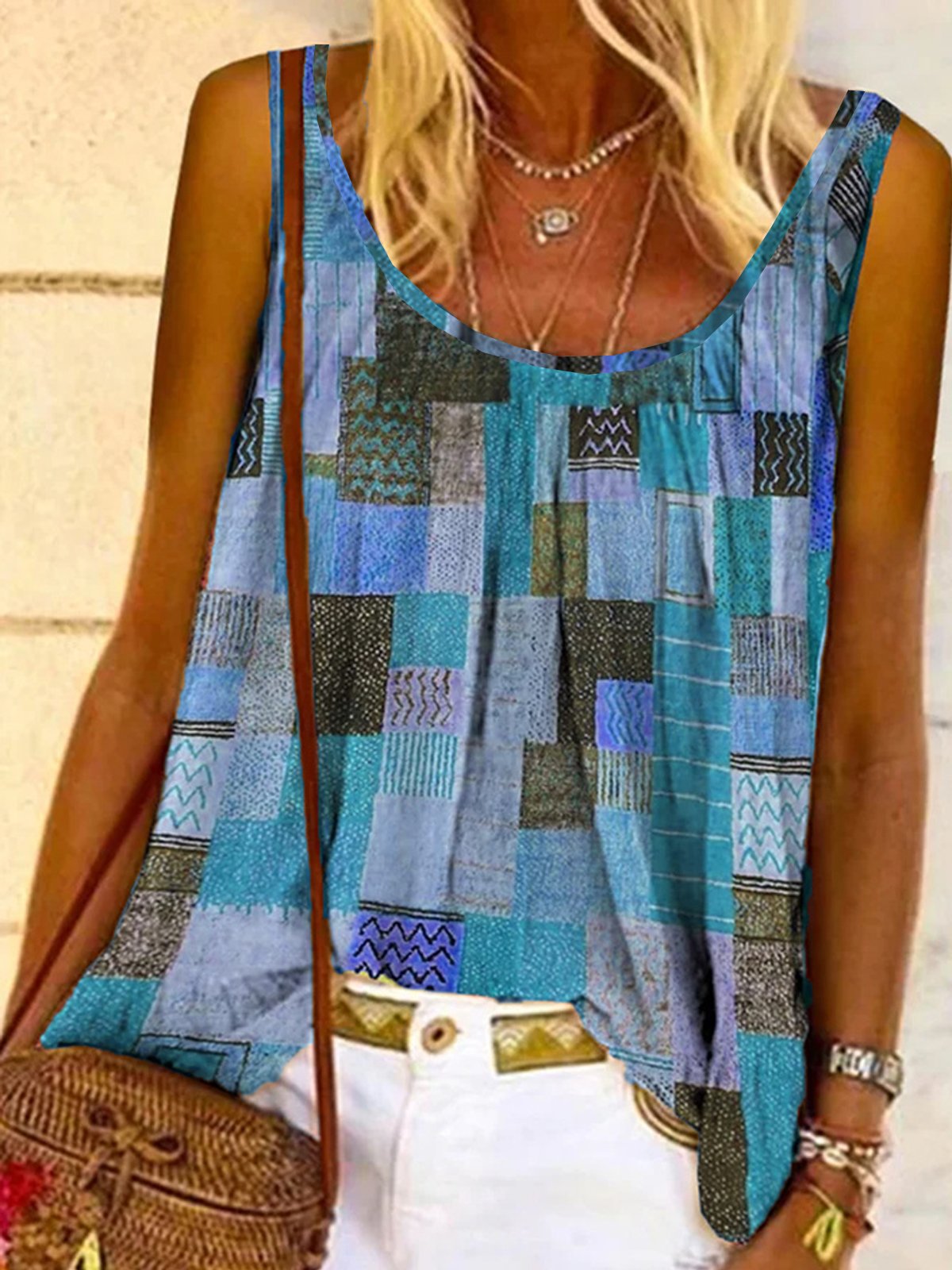 Casual Sleeveless Round Neck Printed Tunic Top Vests
