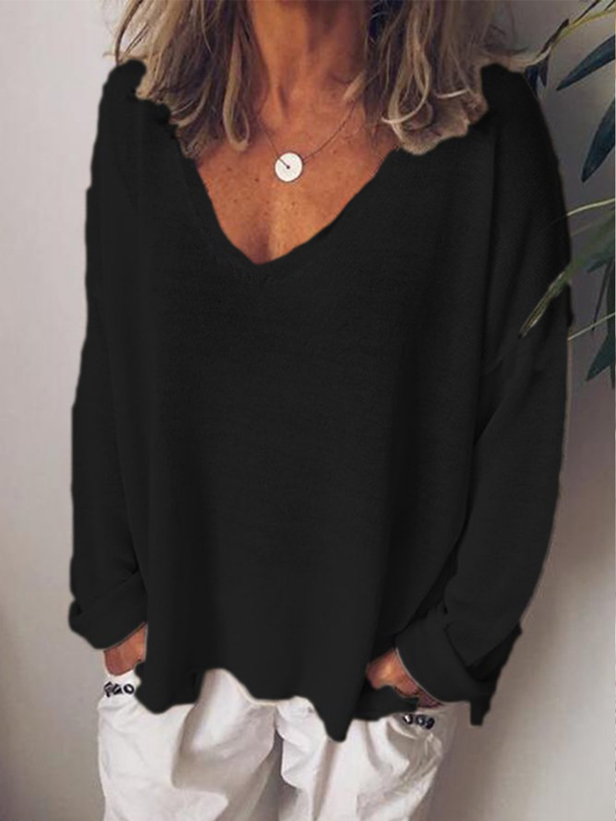 Woman Casual V Neck Cotton-Blend Long Sleeve Tunic T-Shirt