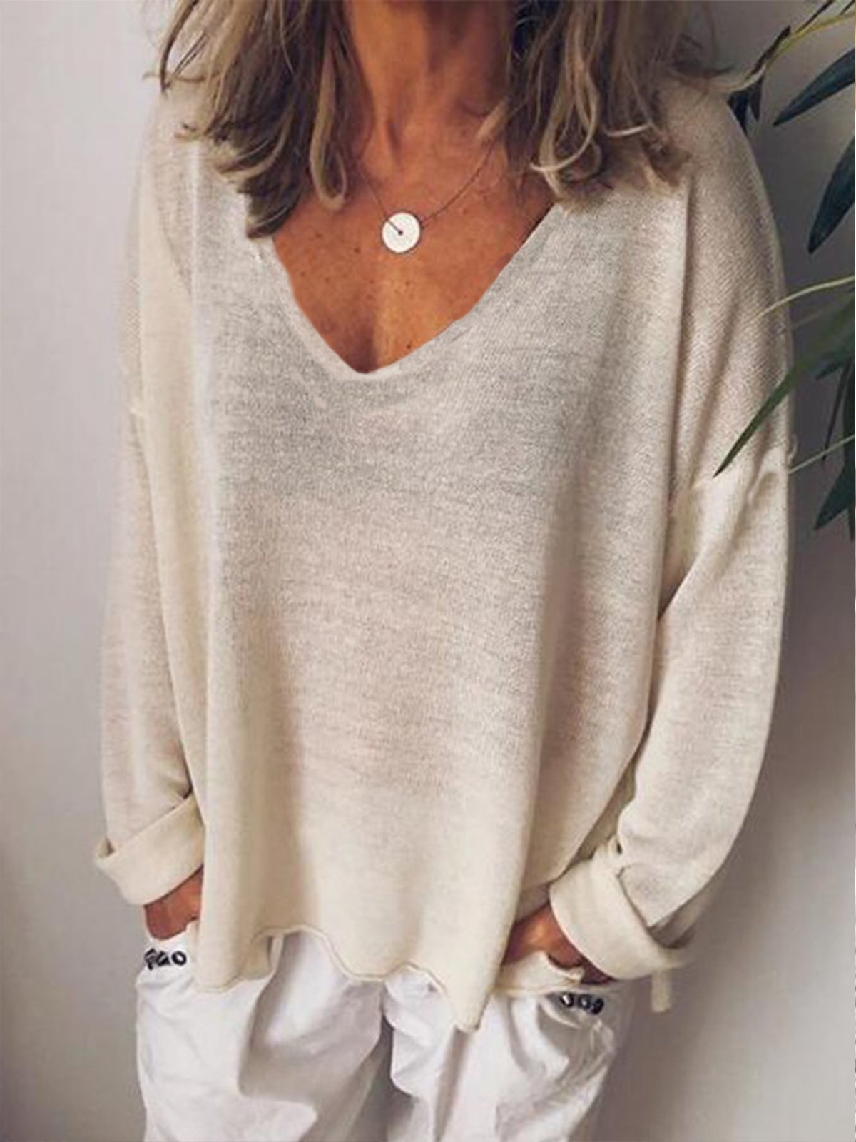 Woman Casual V Neck Cotton-Blend Long Sleeve Tunic T-Shirt