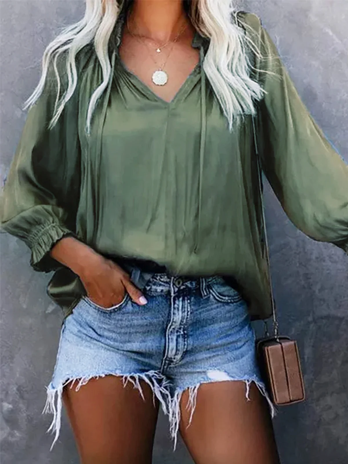 Casual V Neck Long Sleeve Solid Tunic Shirt