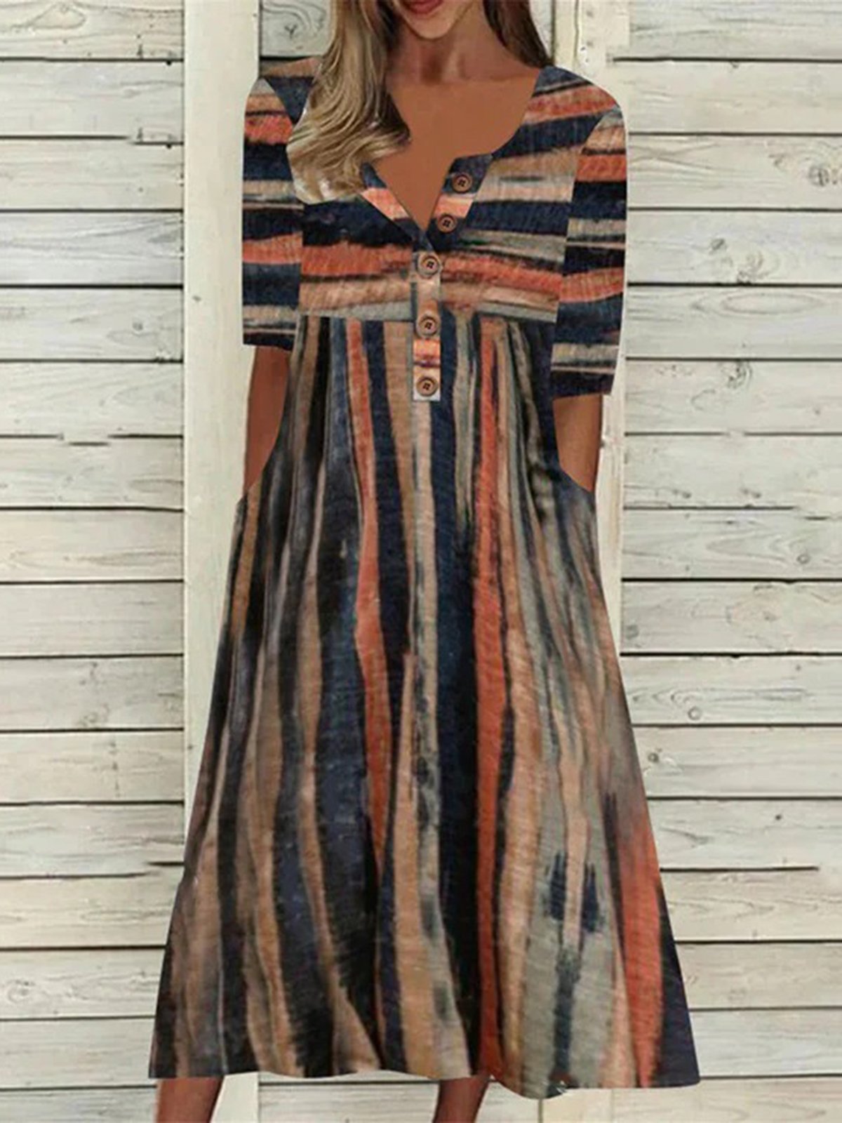 Women Striped Casual Spring Polyester Natural No Elasticity Daily Crew Neck Regular Size Dress