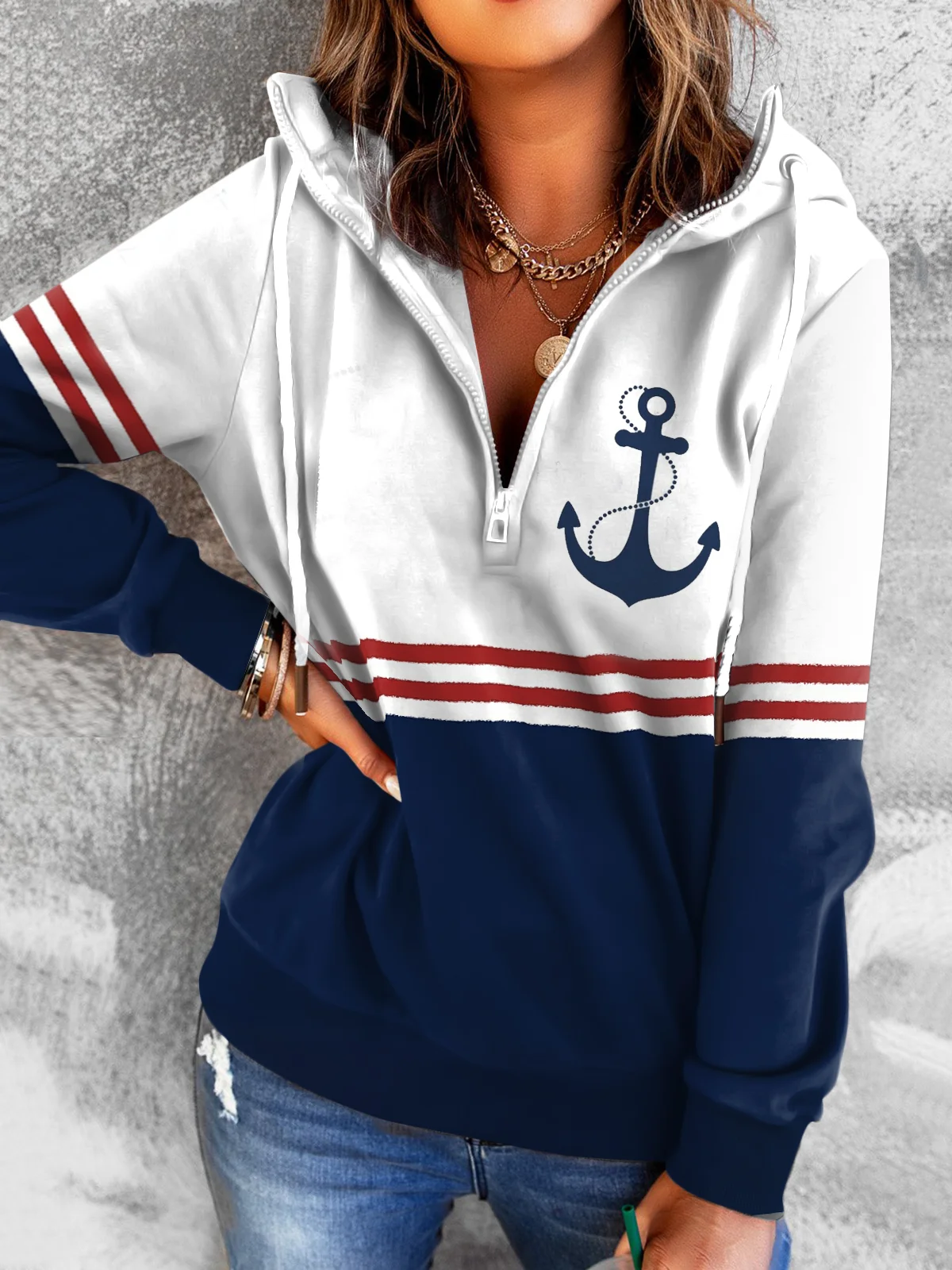 Striped Loose Casual Zipper Sea Sweatshirt