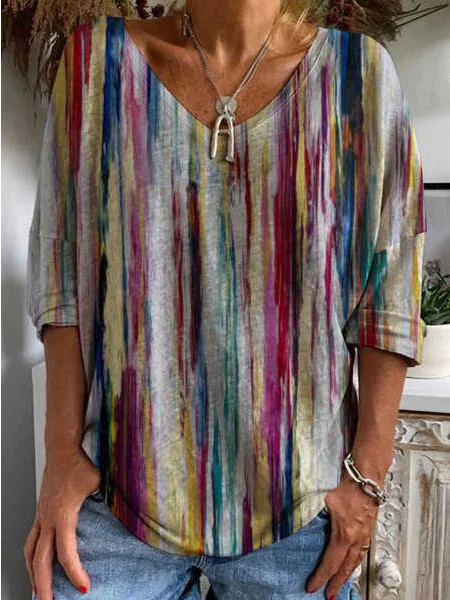 V Neck Ombre Striped Elbow-Length Sleeve T-Shirt