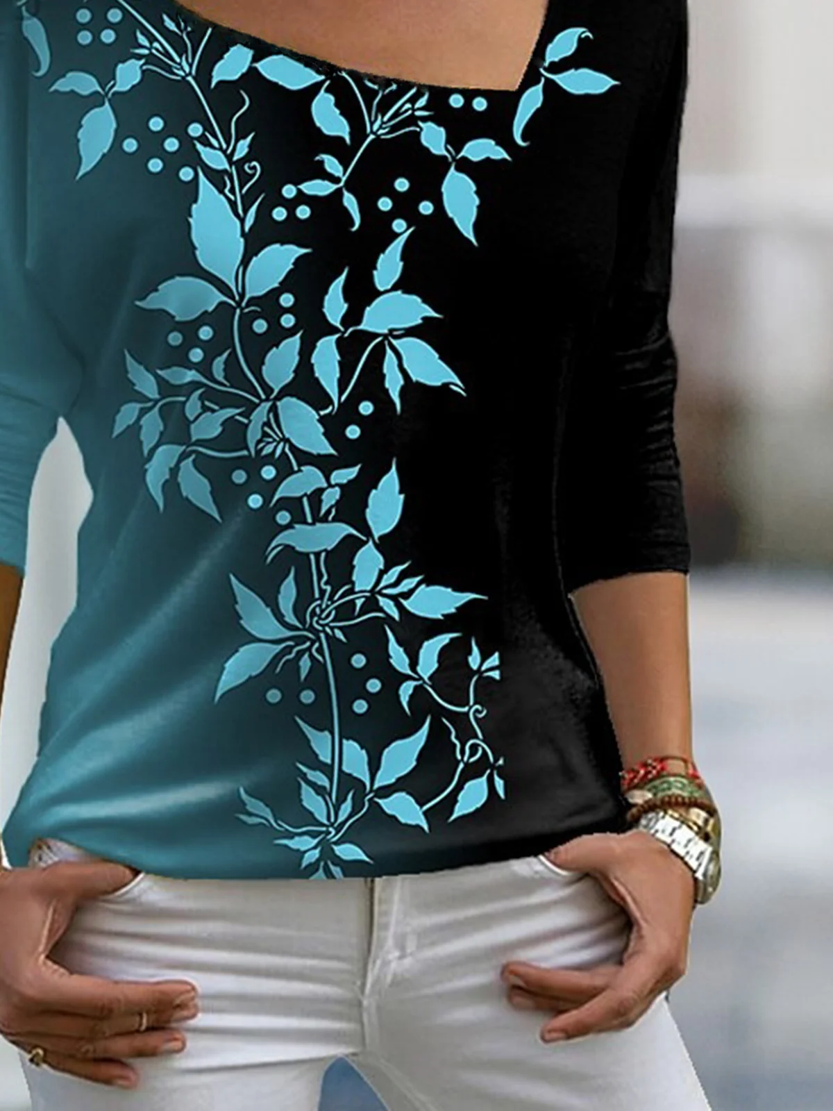 Women Casual Leaf Autumn V neck Daily Loose Jersey Best Sell Regular T-shirt