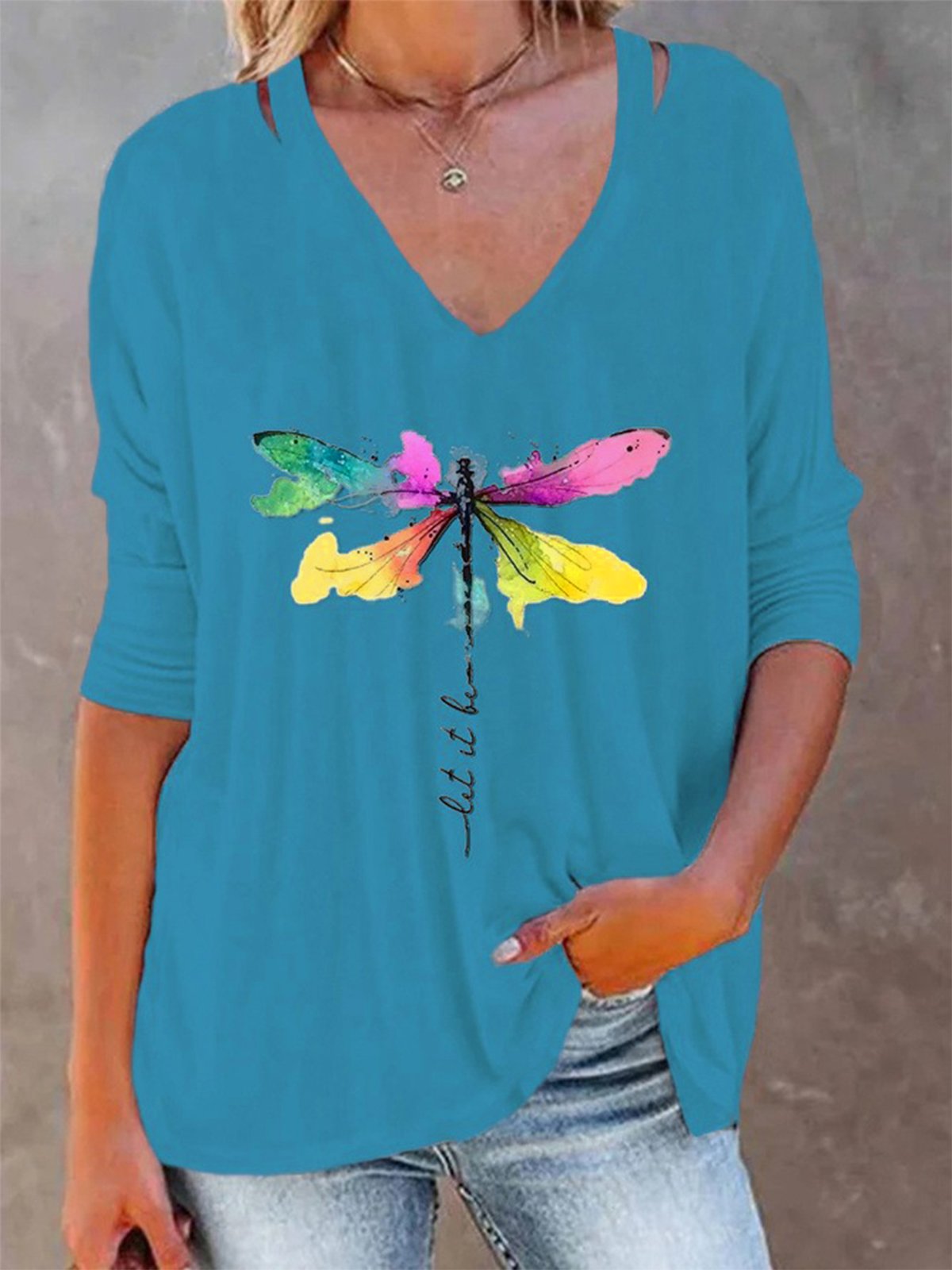 Women's Tunic Top T shirt Tee Dragonfly Graphic Prints Print Long Sleeve V Neck Casual Daily Polyester Fall