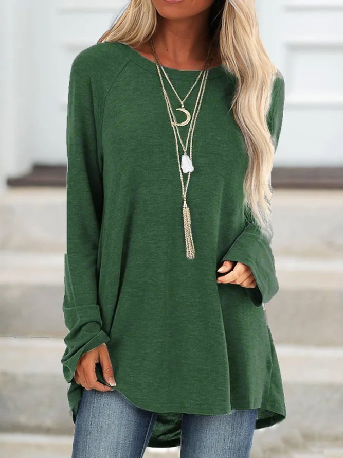 Solid Raglan Sleeve Crew Neck Casual Loose Tunic Top