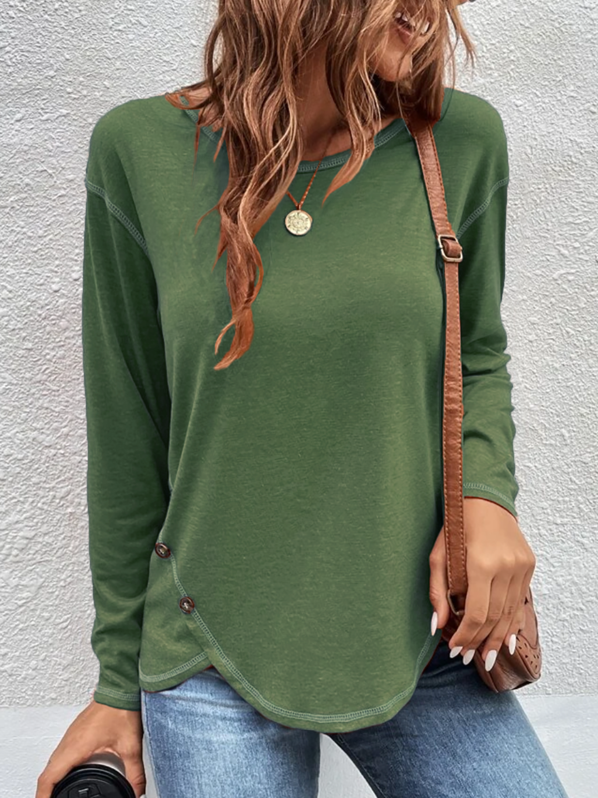 Casual Plain Autumn Cross Neck Micro-Elasticity Jersey Standard Regular H-Line Tunic T-Shirt for Women