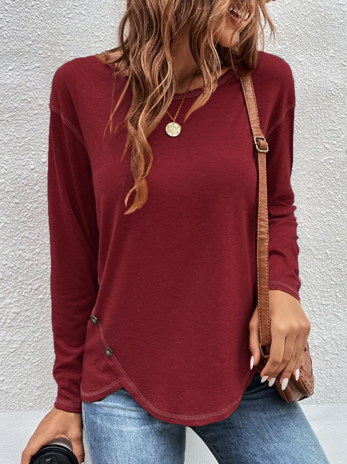 Casual Plain Autumn Cross Neck Micro-Elasticity Jersey Standard Regular H-Line Tunic T-Shirt for Women