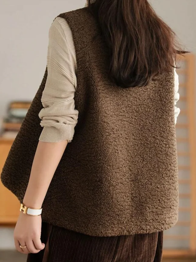Coffee Embroideried Fur Vest Sleeveless Casual