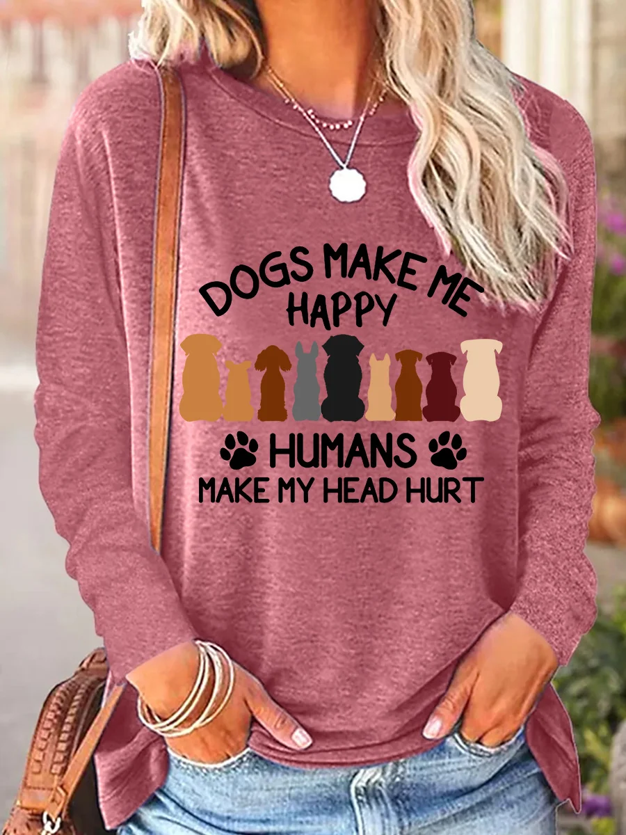 Crew Neck Long Sleeve Dog Regular Loose Blouse For Women