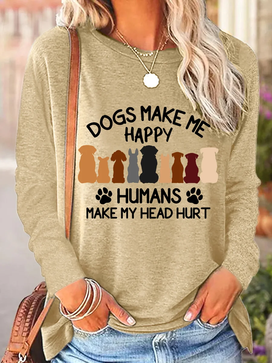 Crew Neck Long Sleeve Dog Regular Loose Blouse For Women