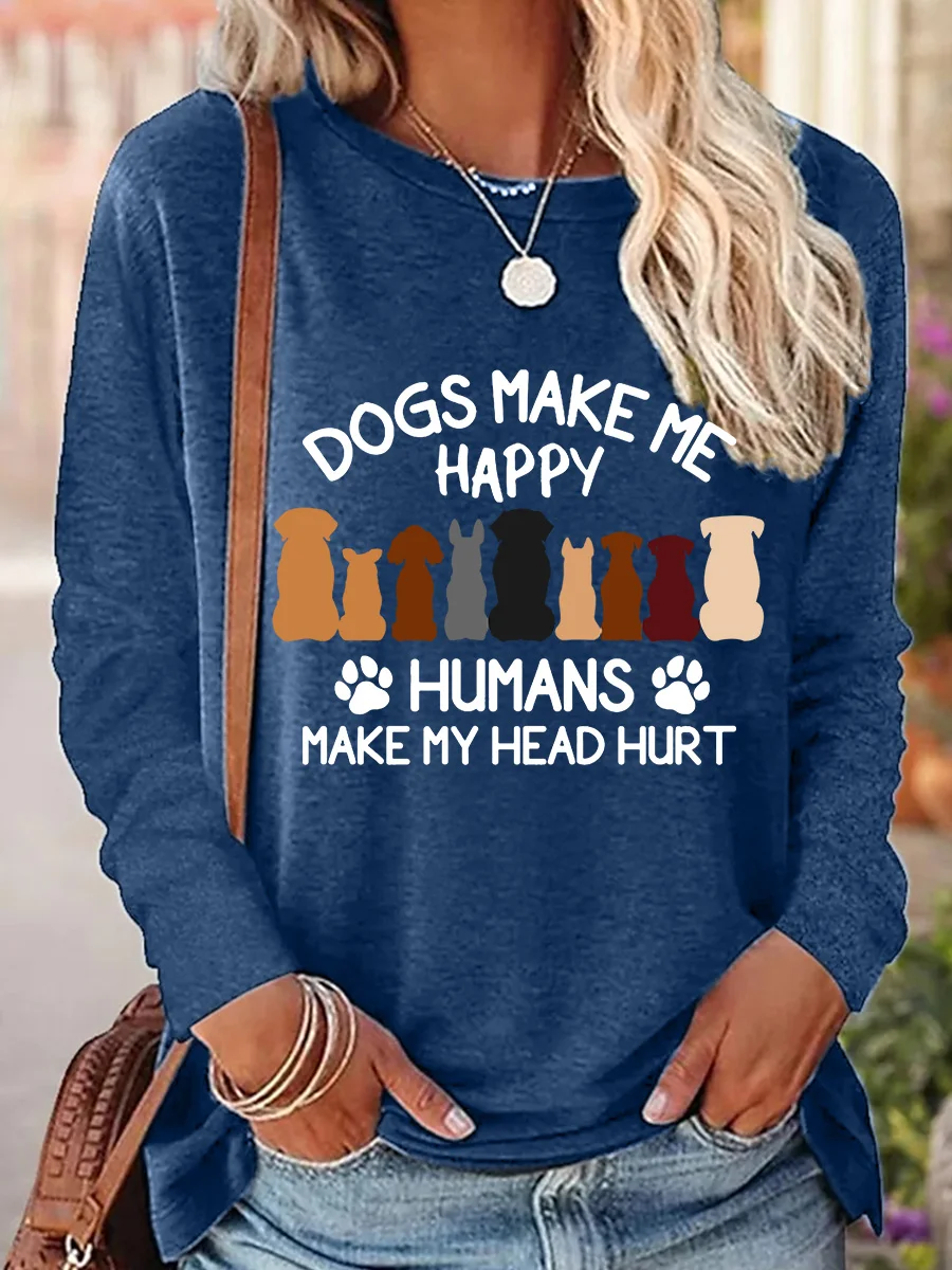 Crew Neck Long Sleeve Dog Regular Loose Blouse For Women