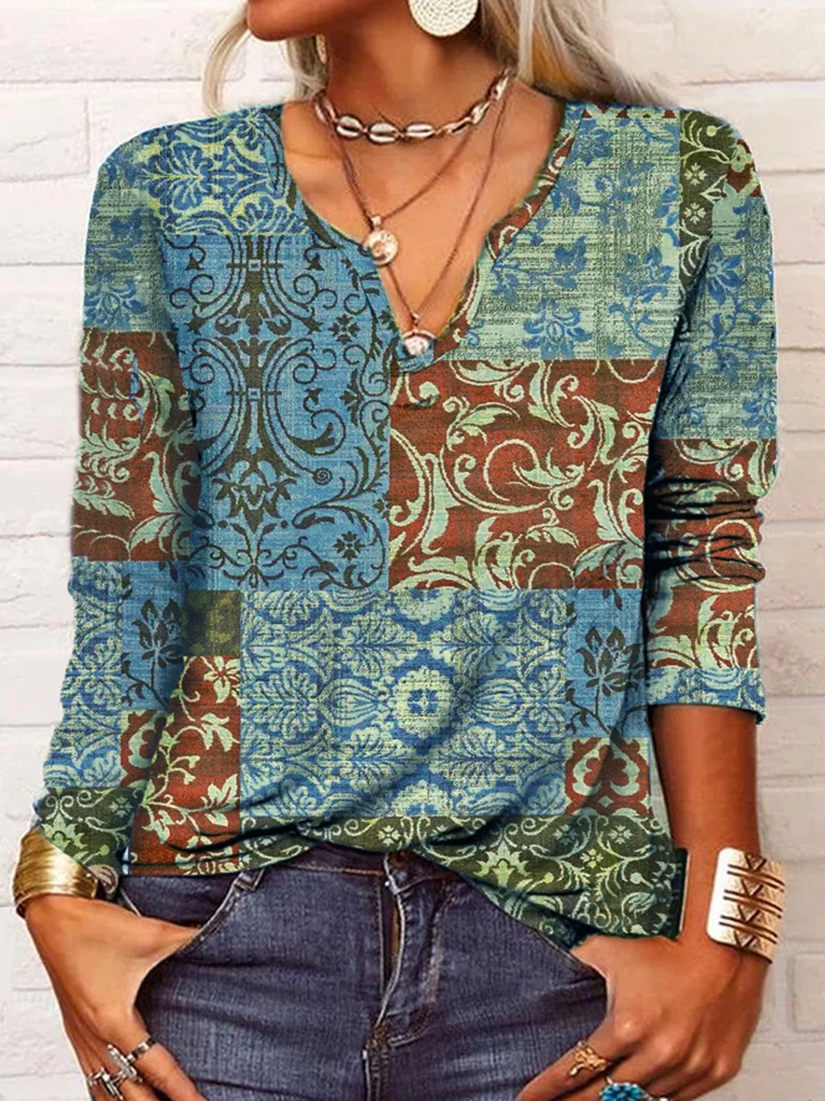 Casual Long Sleeve V neck Top