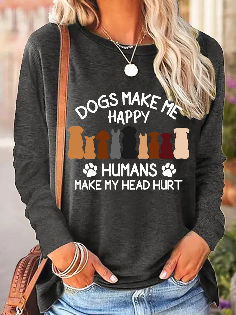 Crew Neck Long Sleeve Dog Regular Loose Blouse For Women