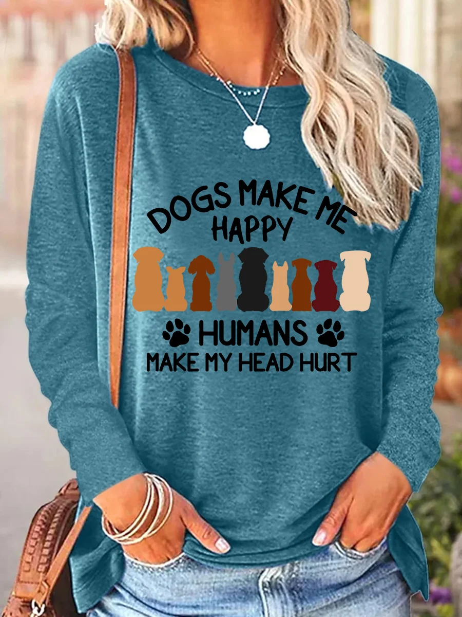 Crew Neck Long Sleeve Dog Regular Loose Blouse For Women