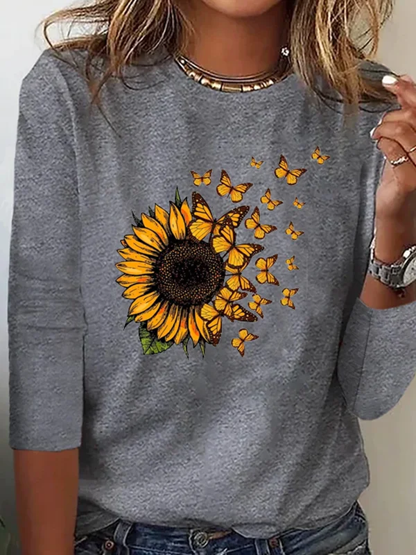 Sunflower Printed Long sleeve Crew Neck T-Shirt