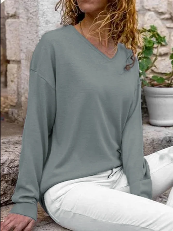 Plain Jersey V Neck Casual Top