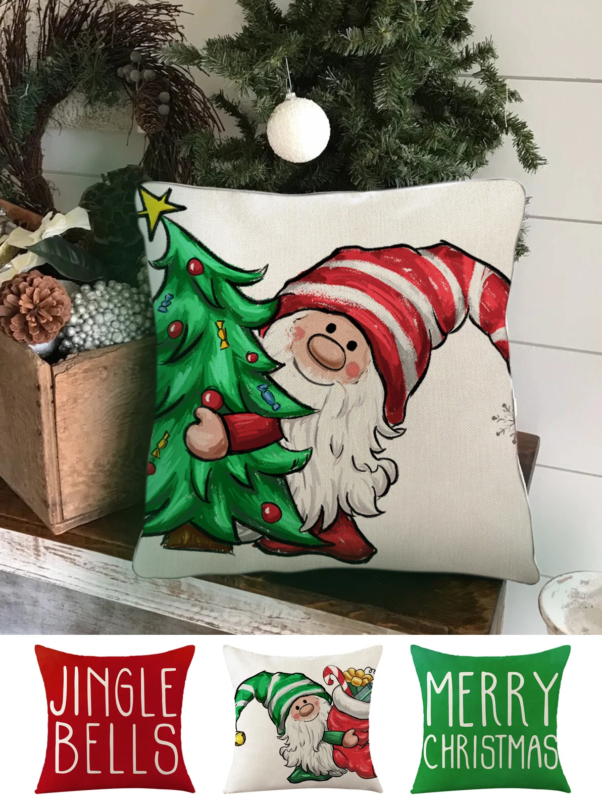 Christmas Pillowcase Red Green Christmas Elf Faceless Old Man Alphabet Print Holiday Party Cushion Cover