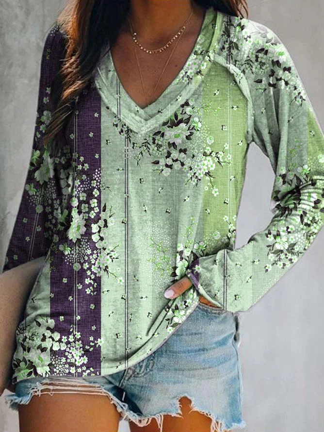 Women Casual Floral Daily Jersey Best Sell Long sleeve Regular H-Line Tunic T-Shirt