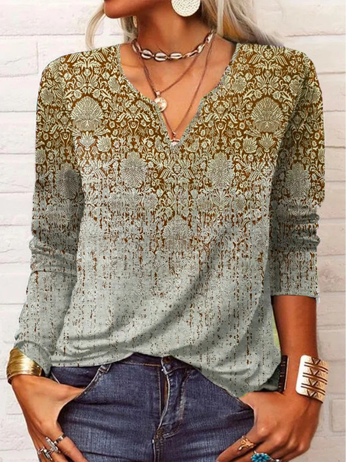 Ethnic Long Sleeve Notched Casual Tunic Blouse