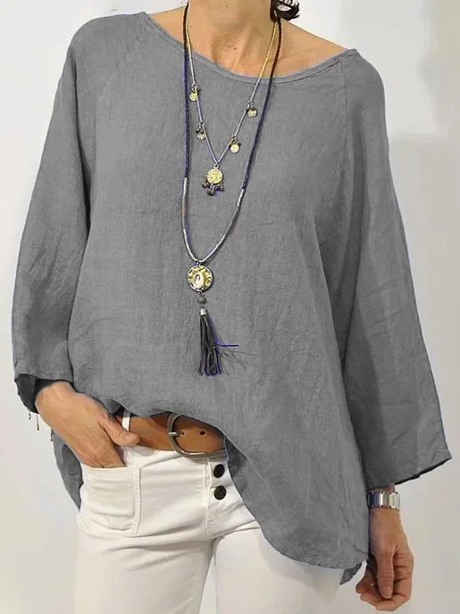 Women Solid Long Sleeve Linen Daily Casual Top | noracora