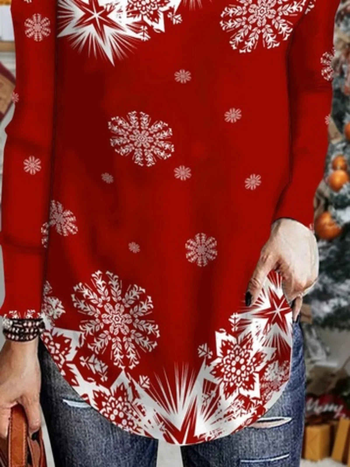 Christmas Snowflake Long Sleeve V Neck Casual Tunic T-Shirt