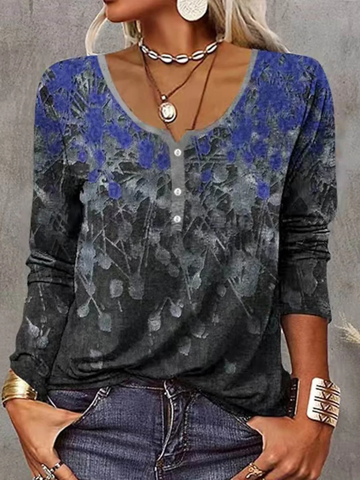 V Neck Casual Buckle Loose Blouse