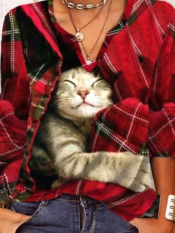 Casual Christmas Plaid Cat Long sleeve V Neck T-Shirt