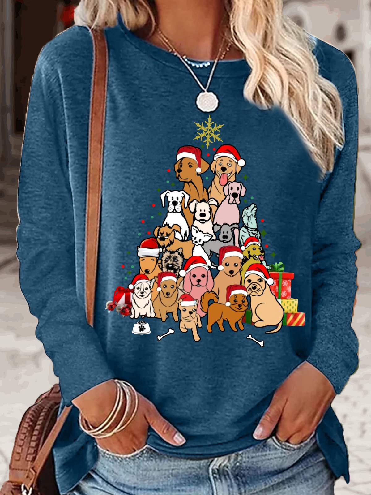 Crew Neck Long Sleeve Christmas Pet Art Pattern Blouse For Women