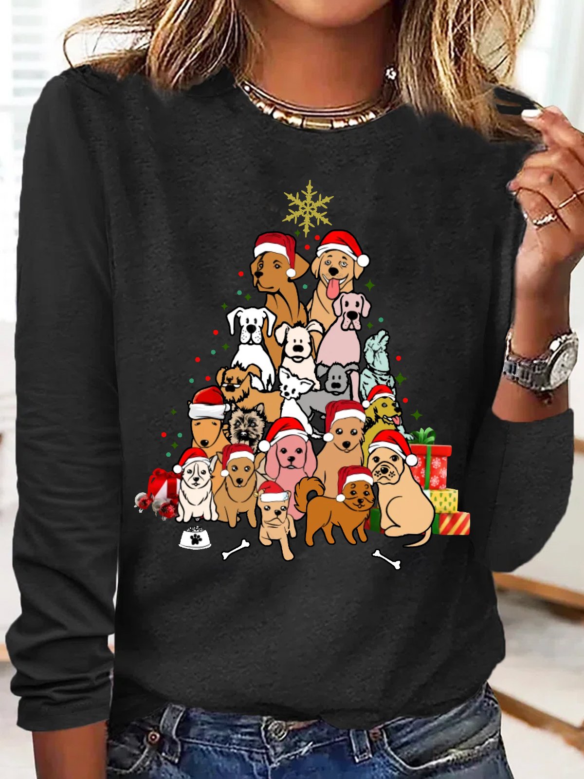 Crew Neck Long Sleeve Christmas Pet Art Pattern Blouse For Women