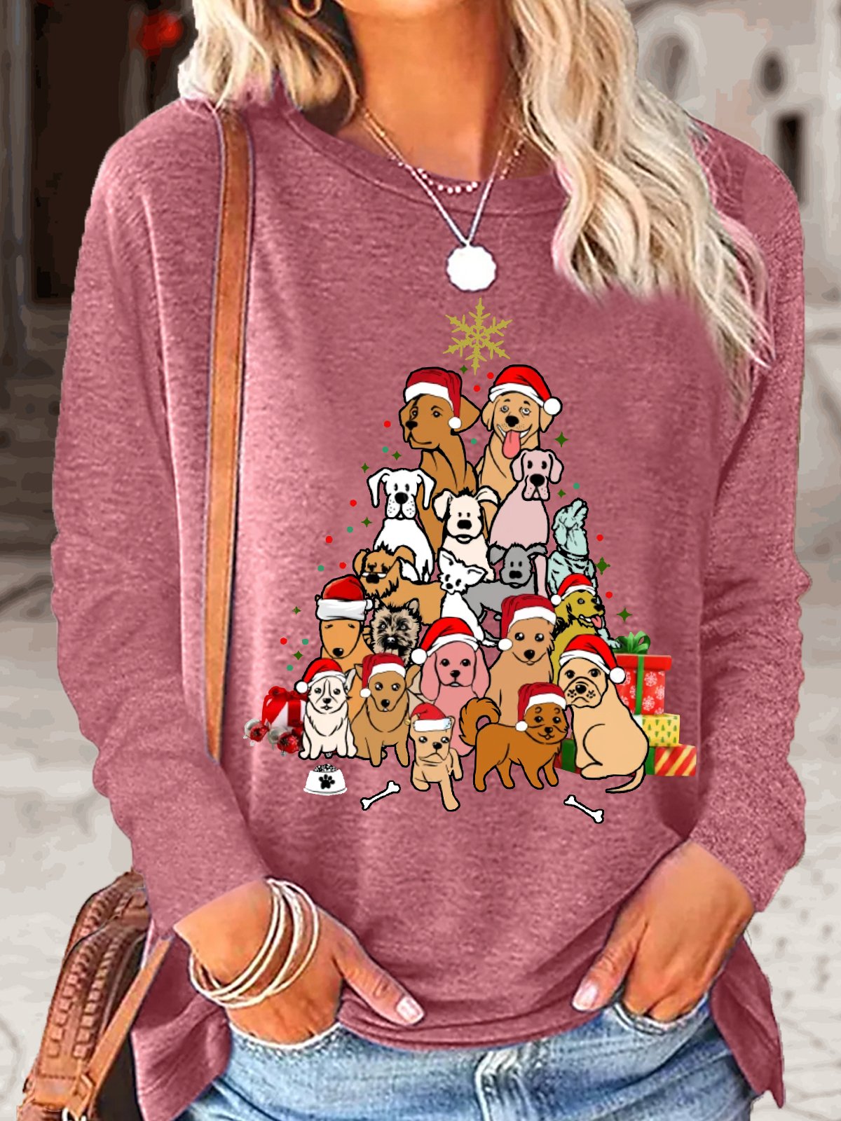 Crew Neck Long Sleeve Christmas Pet Art Pattern Blouse For Women