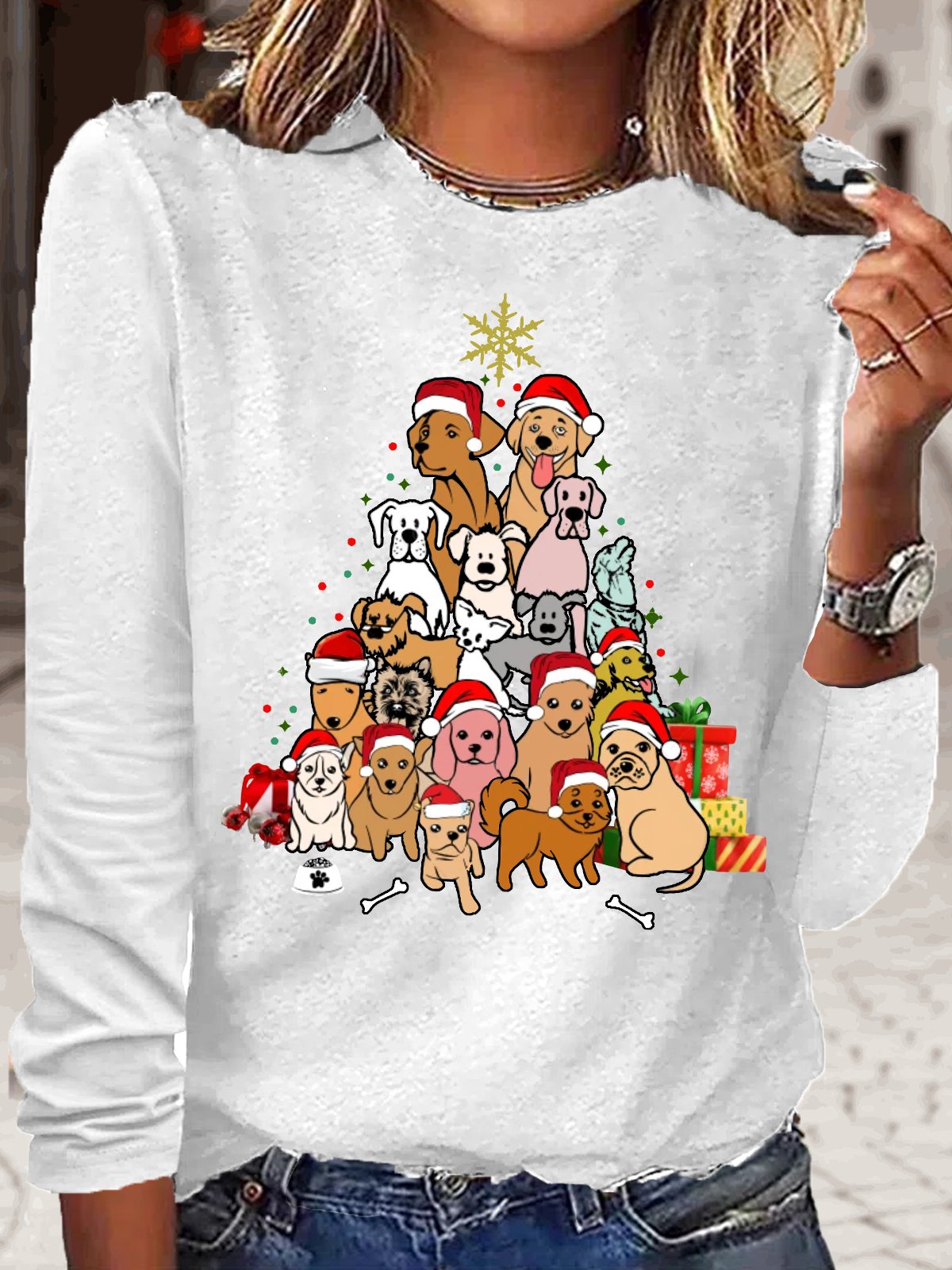 Crew Neck Long Sleeve Christmas Pet Art Pattern Blouse For Women