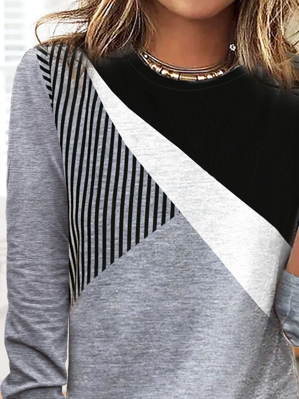 Women's Casual Striped Color Block Crew Neck Long Sleeve T-shirt