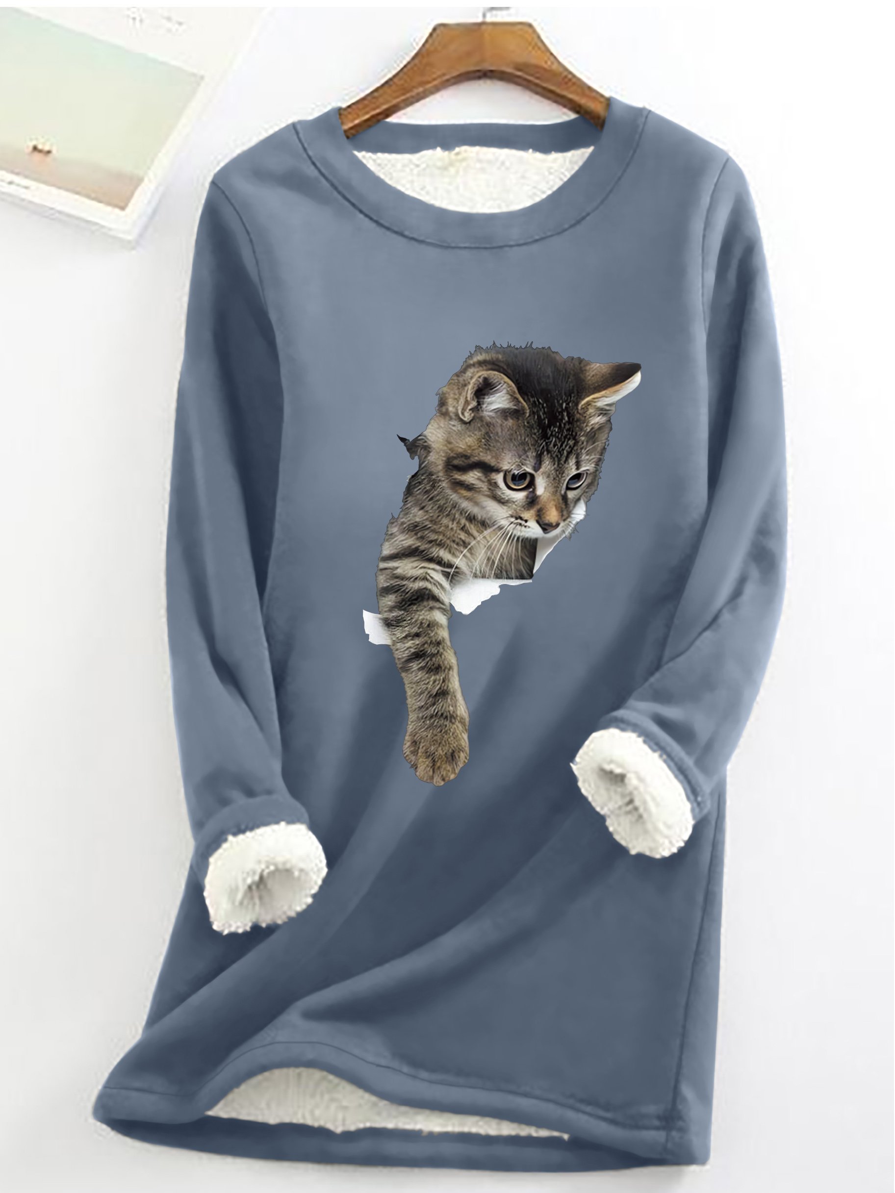 Simple Crew Neck Cat Print Fleece Sweatshirt