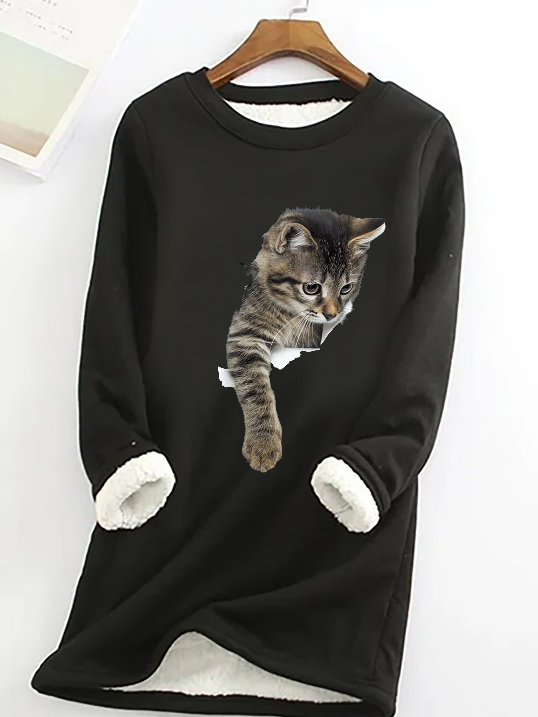 Simple Crew Neck Cat Print Fleece Sweatshirt