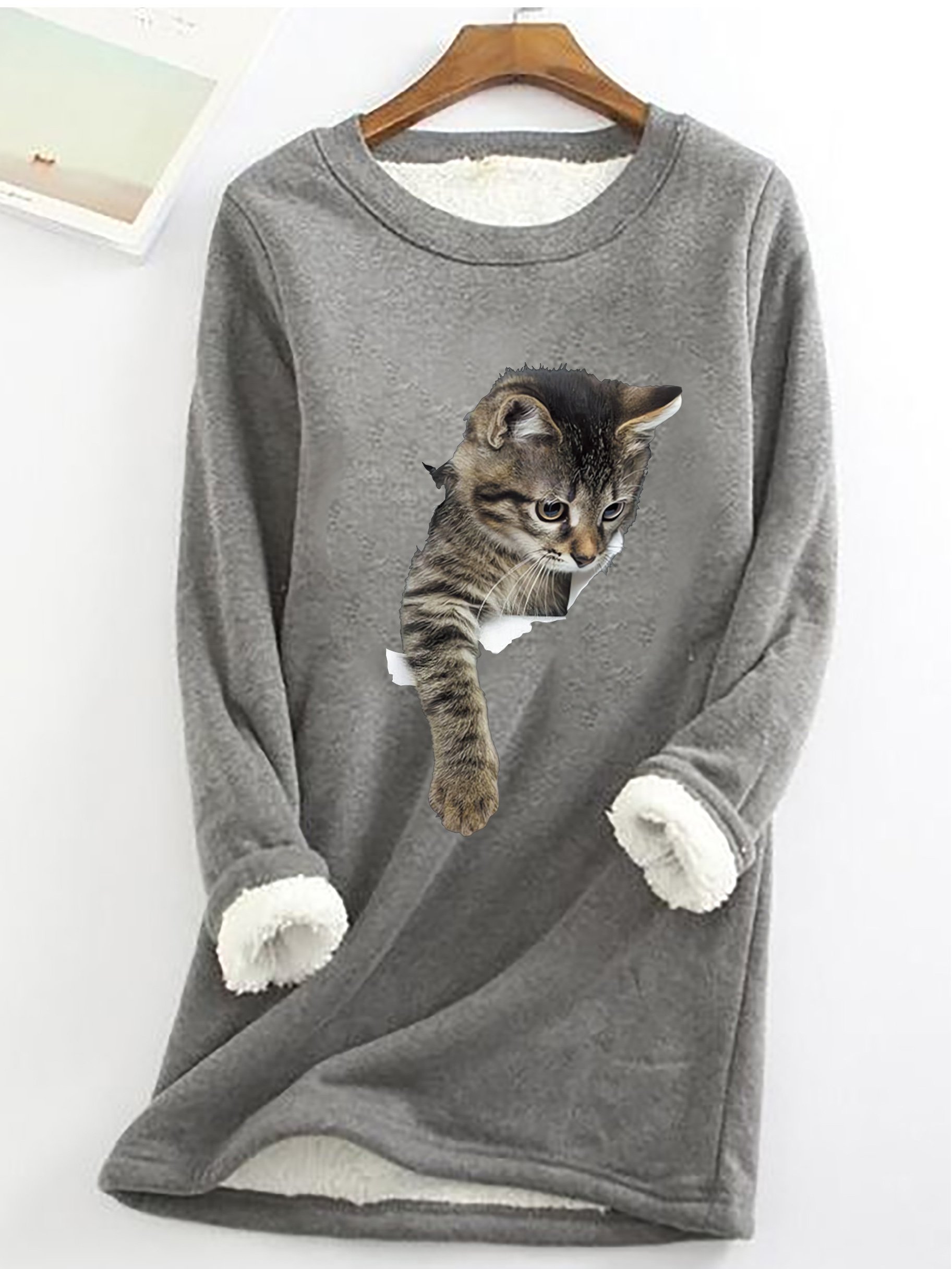 Simple Crew Neck Cat Print Fleece Sweatshirt