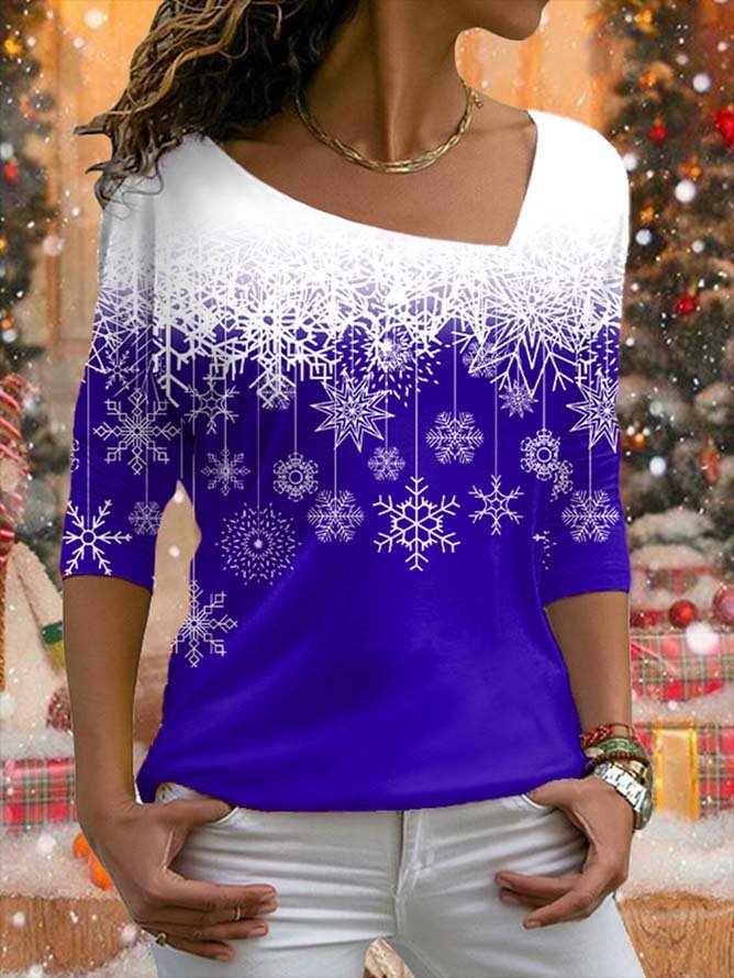 Casual Christmas Snowflake Print H-Line T-Shirt