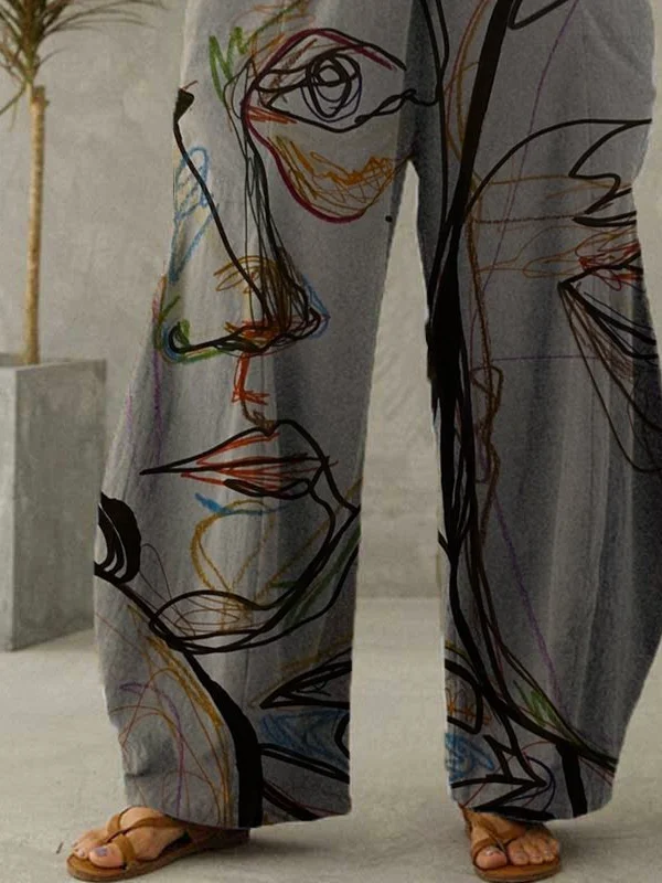 Abstract Print Vintage Wige Leg Baggy Pant With Pockets