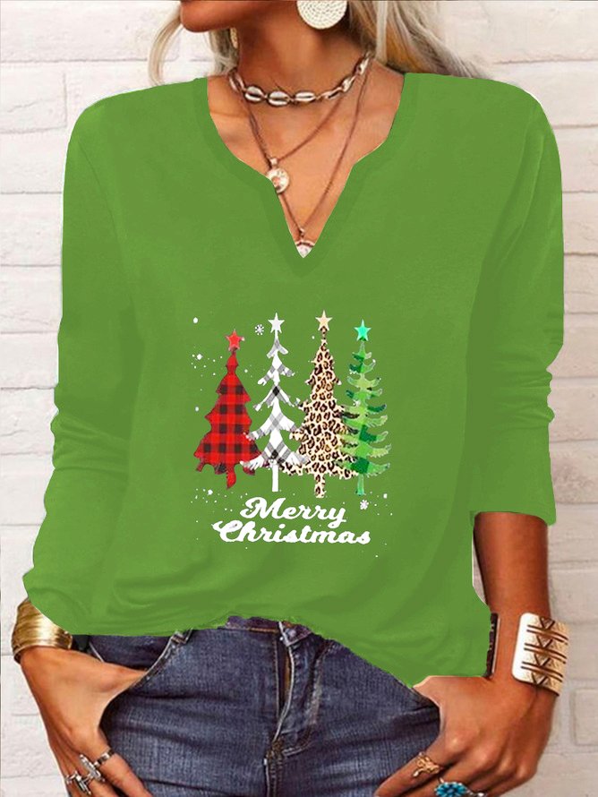 Casual Christmas Trees Long Sleeve V Neck Printed Top T-shirt