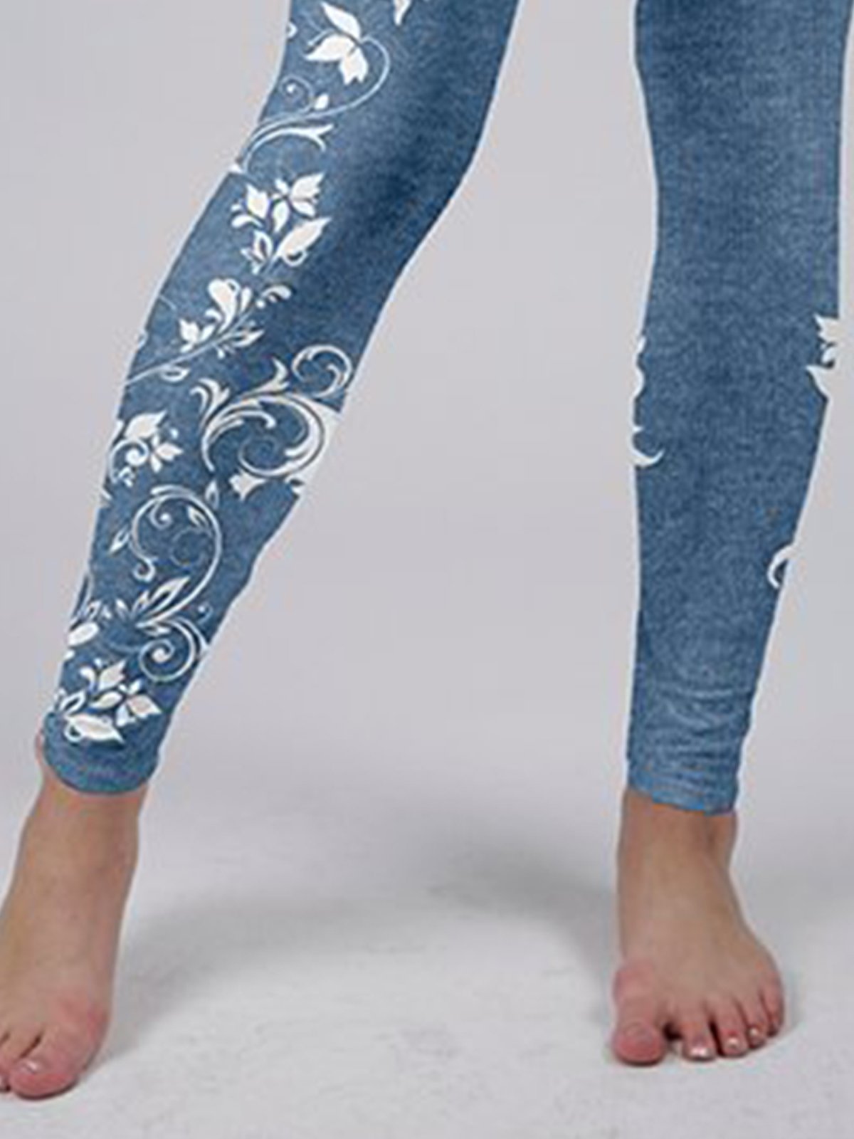 Casual Blue Floral Skinny Soft Ankle Length Leggings