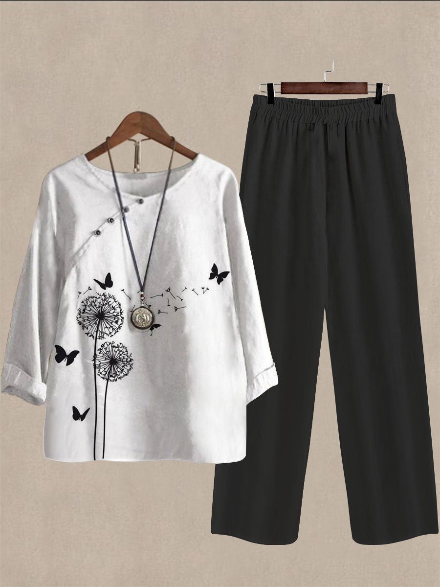 Dandelion Casual Crew Neck Cotton And Linen Two-Piece Set