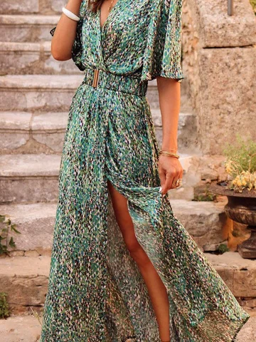 Women Floral High Waist Micro-Elasticity Loose Short Sleeve A-Line Maxi Dress