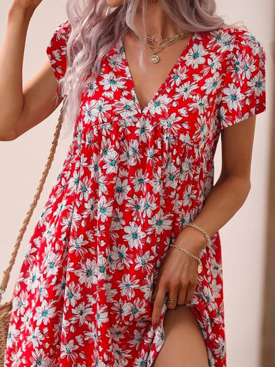 V Neck Casual Floral Loose Dress