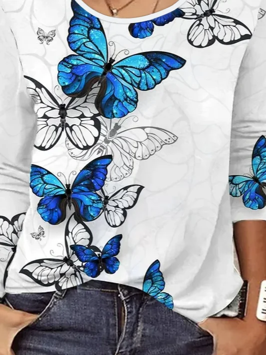 Casual Crew Neck Butterfly Printed T-Shirt 2023
